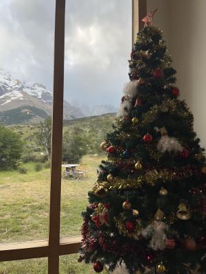 Fenster mit Torres del Paine im Hintergrund an der Seite ein Weihnachtsbaum