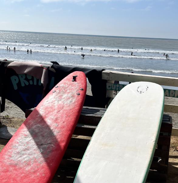 zwei Surfboards an der Strandpromenarde vor Wasser und Wellen